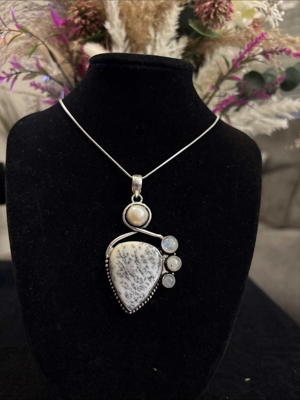 Sterling Silver Dendritic Opal Rainbow Moonstone Gemstone Necklace.